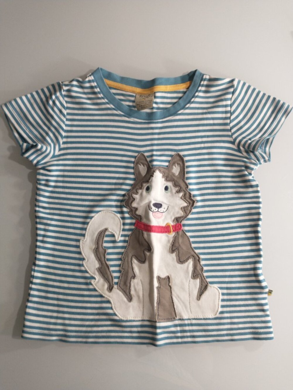 FRUGI Organic Cotton Applique Husky Dog Striped Short Sleeve T-Shirt Size 5 - 6